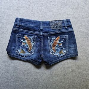 Vintage Y2K Ed Hardy Blue Jean Shorts with Decorative Stitching Size 28